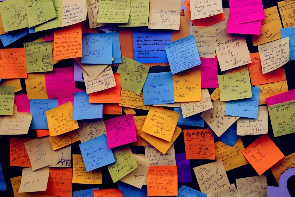 Wall covered in colorful handwritten sticky notes