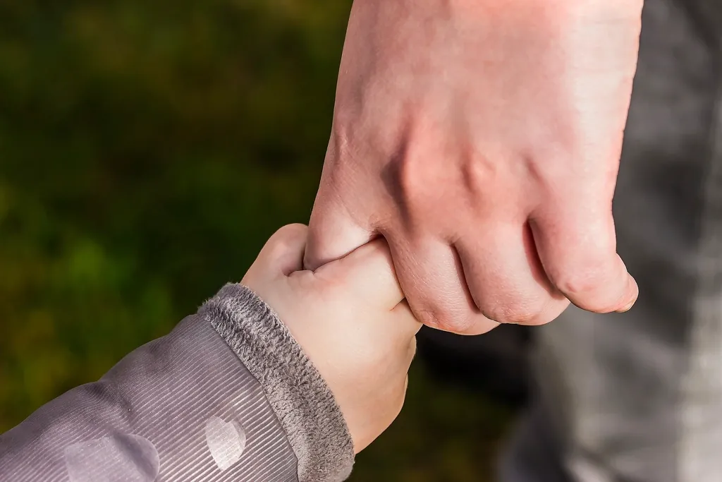 Small child holding an adult's finger while walking outdoors