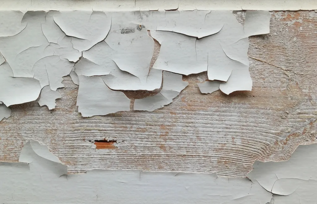 Close-up of white paint cracking and peeling off weathered wood