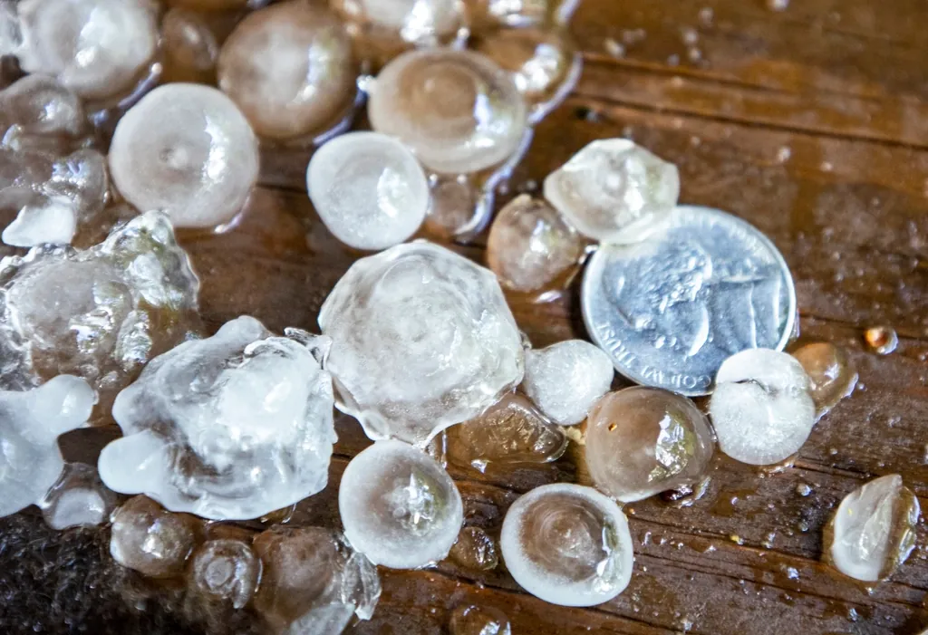 Hailstones next to a coin on a wet wooden deck after a storm