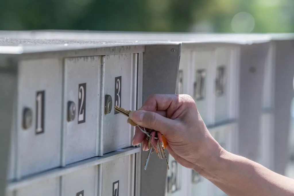 Hand unlocking a row of mailboxes with a set of keys