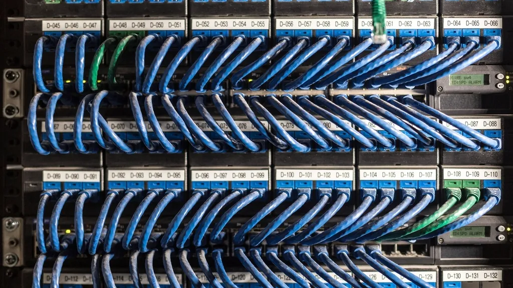 Network patch panel in an office server closet, the kind of gear managed IT services in NJ look after