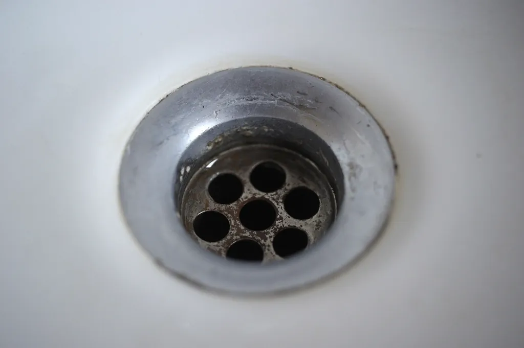 Close-up of a metal drain in a white sink Close-up of a metal drain in a white sink