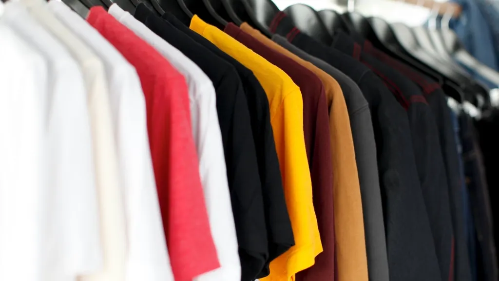 Rack of blank t-shirts in many colors, ready to become promotional products for small businesses