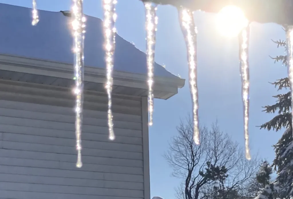 Icicles hanging from the edge of a roof above gray siding on a sunny winter day