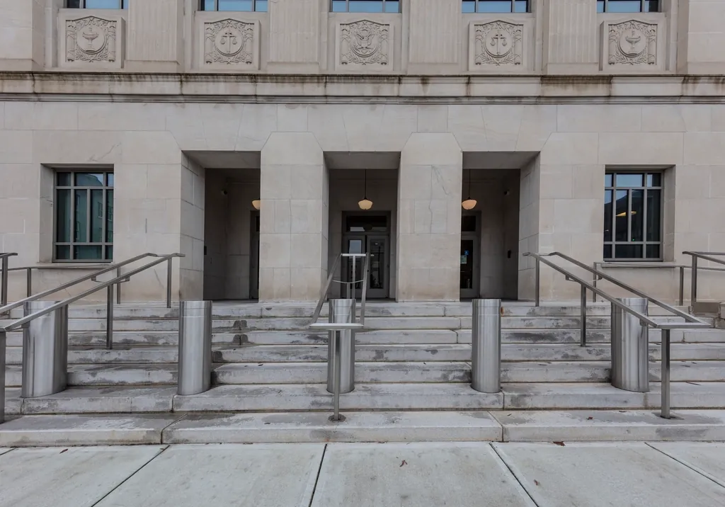 Stone courthouse entrance with wide steps and metal railings